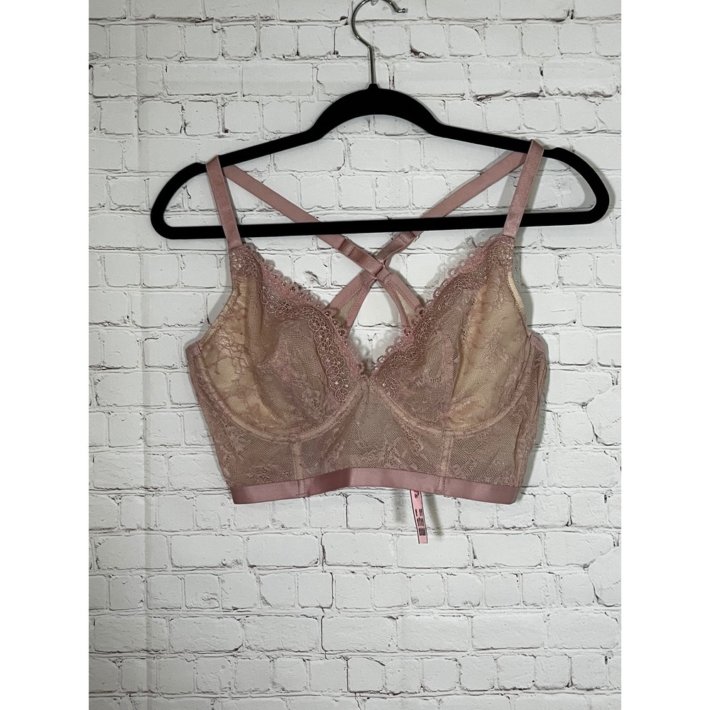 Dobreva Dusty Rose Floral Lace Longline Bralette Strappy Back Pink 38C